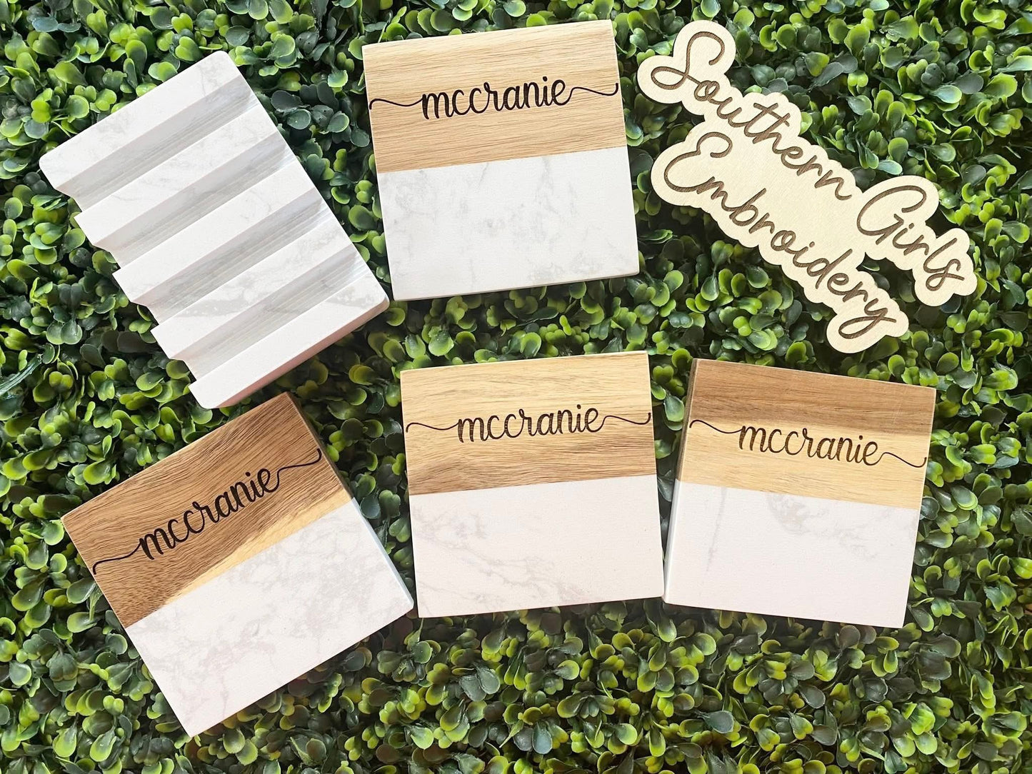 Wood/Marble coaster set with holder