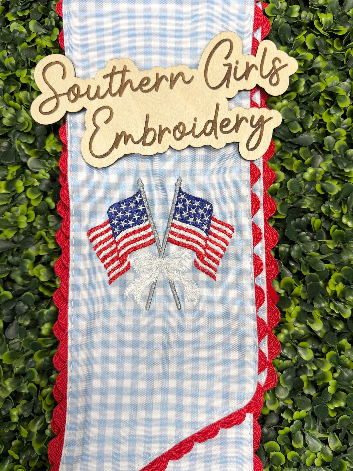 Blue & Red Wreath Sash with Flags and Bow