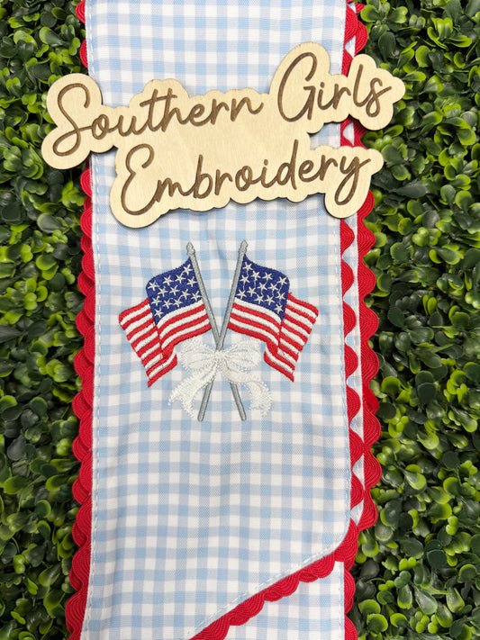 Blue & Red Wreath Sash with Flags and Bow