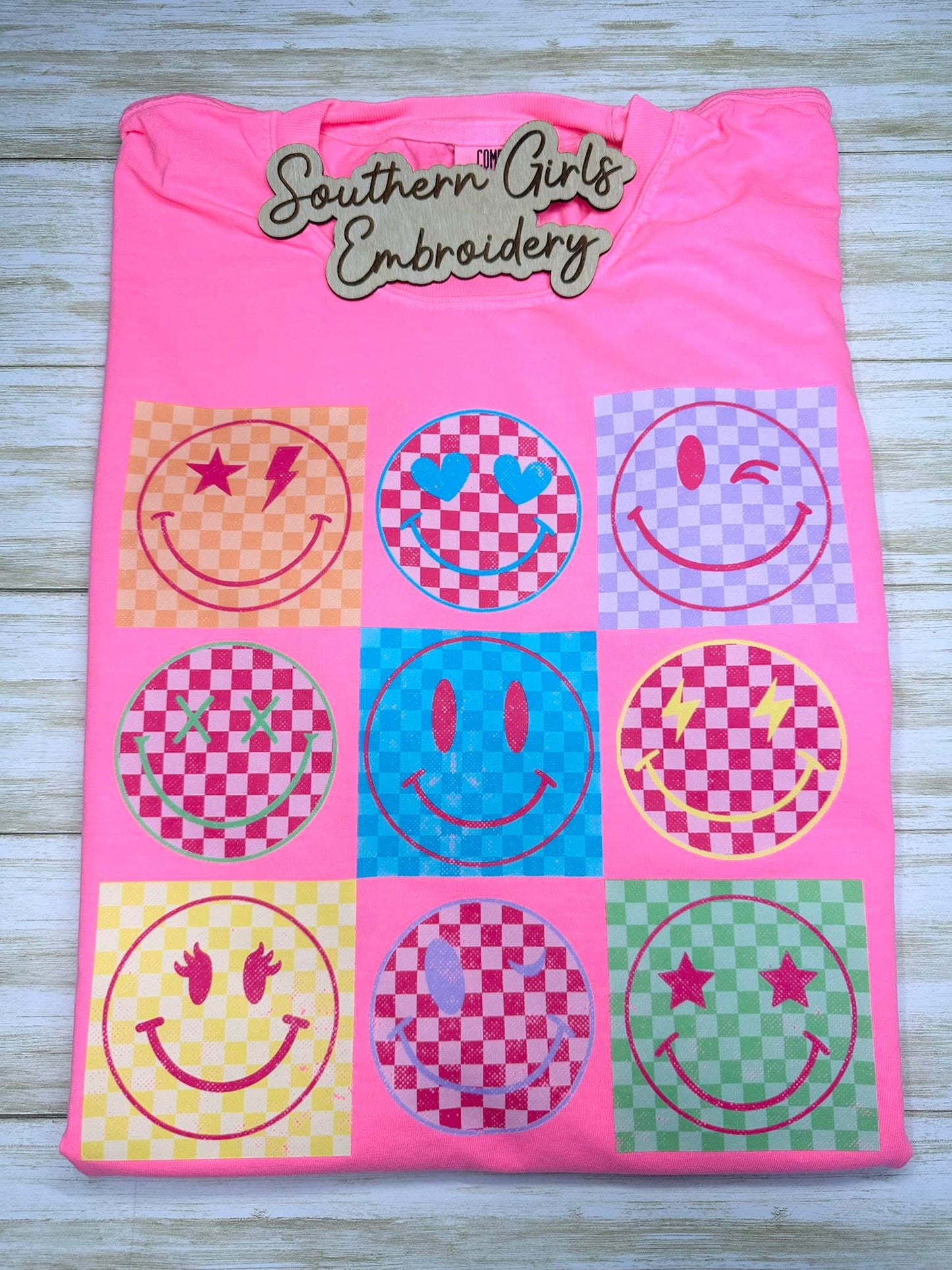Smiley Face Checkered on Comfort Color Short Sleeve