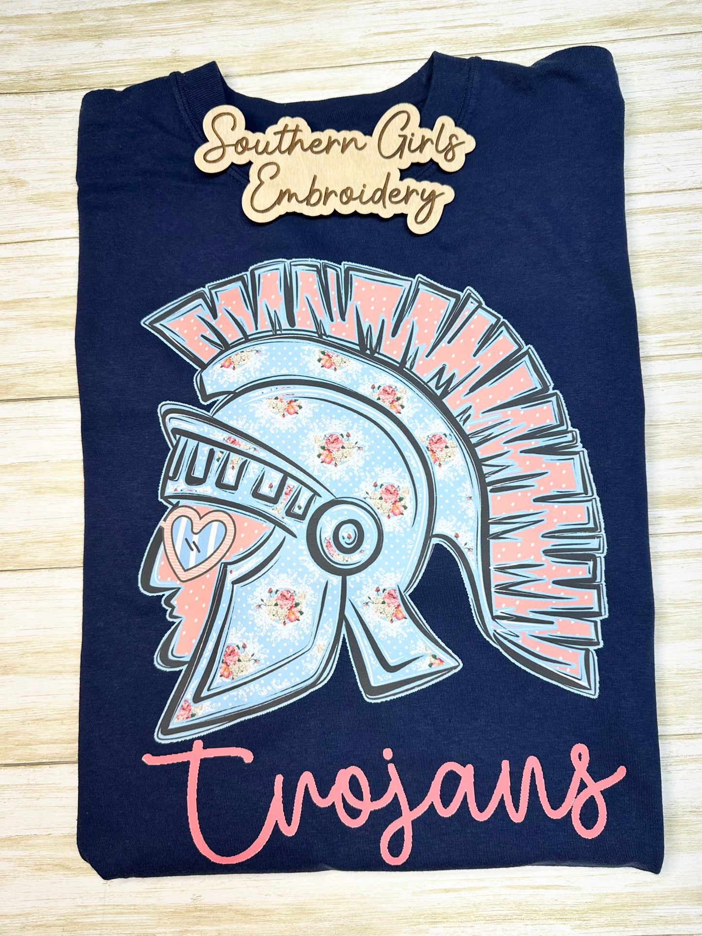 Floral Trojan on True Navy Comfort Color Short Sleeve