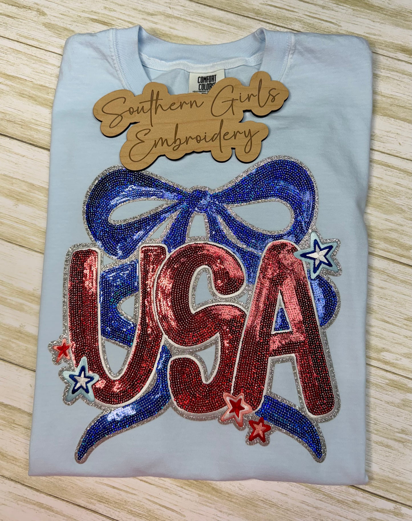 USA Sequin Patch on Chambray Short Sleeve