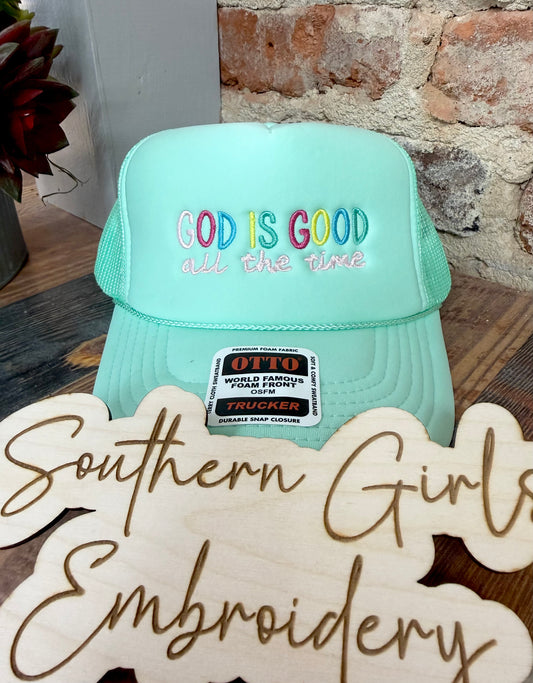 Teal Otto Trucker Hat with God is Good All the Time Embroidery