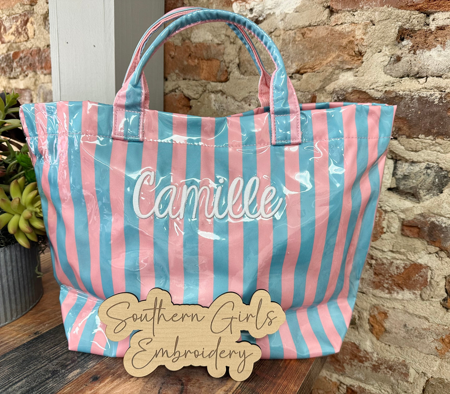 Levi and Lane Striped Tote with Simple Monogram