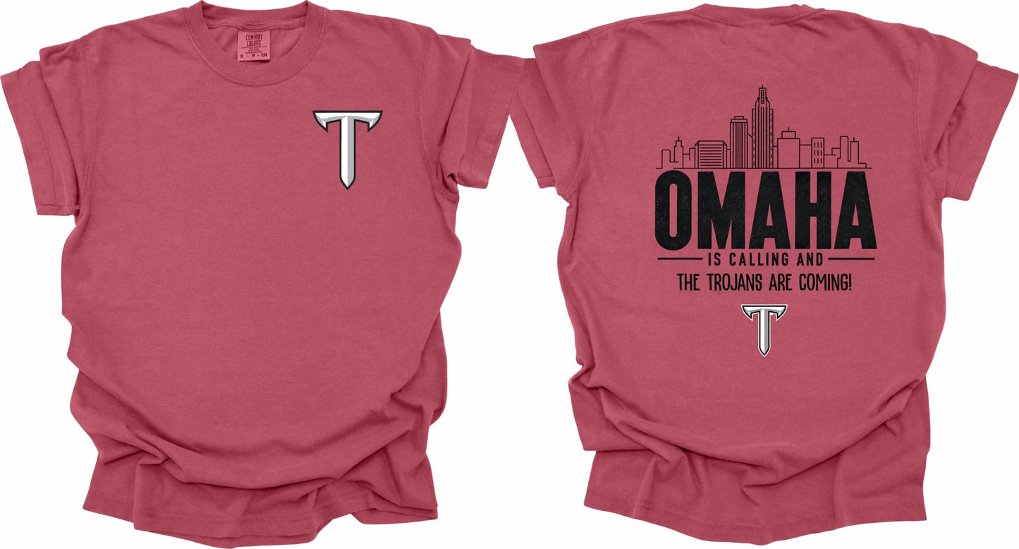 Licensed Troy-Front & Back—Omaha is Calling—Comfort Color Brick Short Sleeve