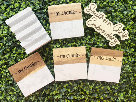 Wood/Marble coaster set with holder